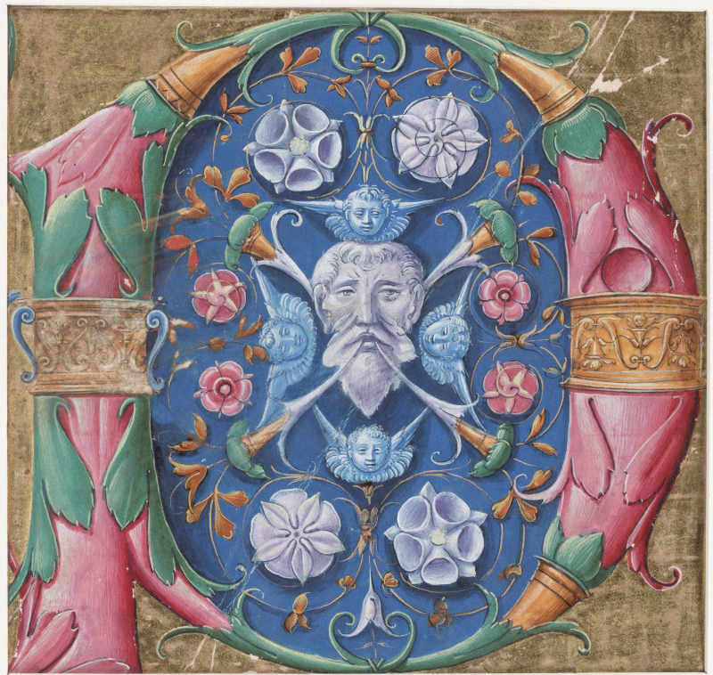Decorated initial cuttings from the Santi Angelo e Niccolò at Villanova Sillaro choir books, Free Library of Philadelphia Lewis E M 76 49-54